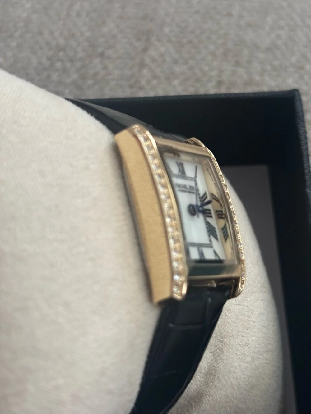 Rachel Zoe Black Leather Strap Gold-Tone Crystal Rectangle Watch